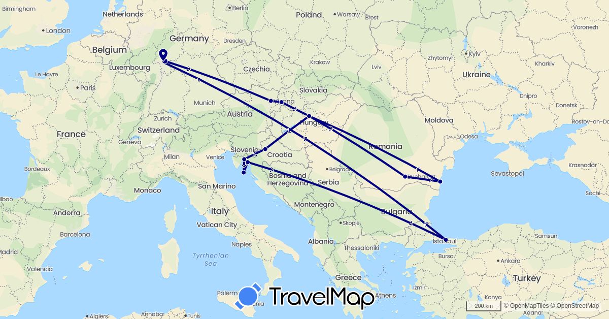 TravelMap itinerary: driving in Austria, Germany, Croatia, Hungary, Romania, Slovakia, Turkey (Asia, Europe)